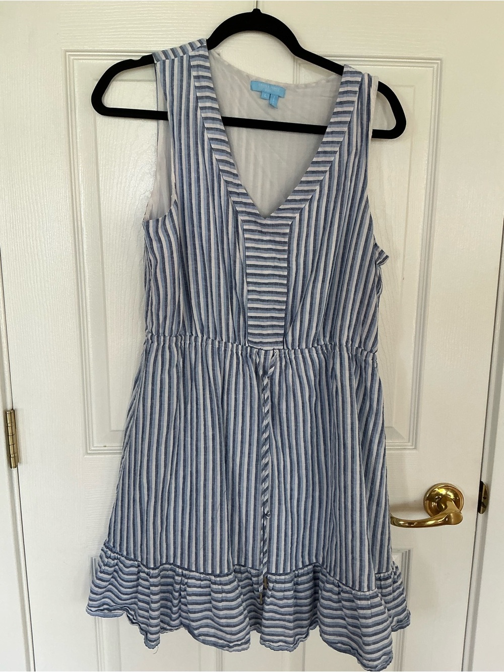 Draper James Navy and White Striped V-Neck Tie-Waist Mini Dress